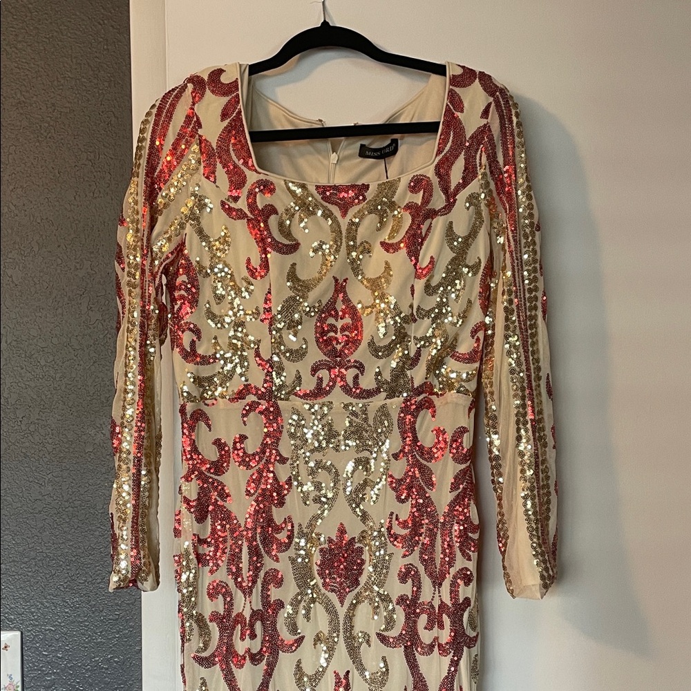 Glamorous Long Sleeve Sequin Dress - Red and Gold